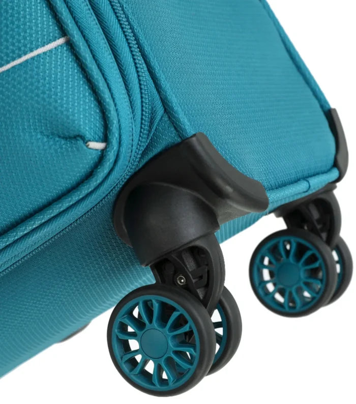 Teal tosco so lite 4-wheel suitcase with black and teal spinner wheels and internal telescopic trolley system