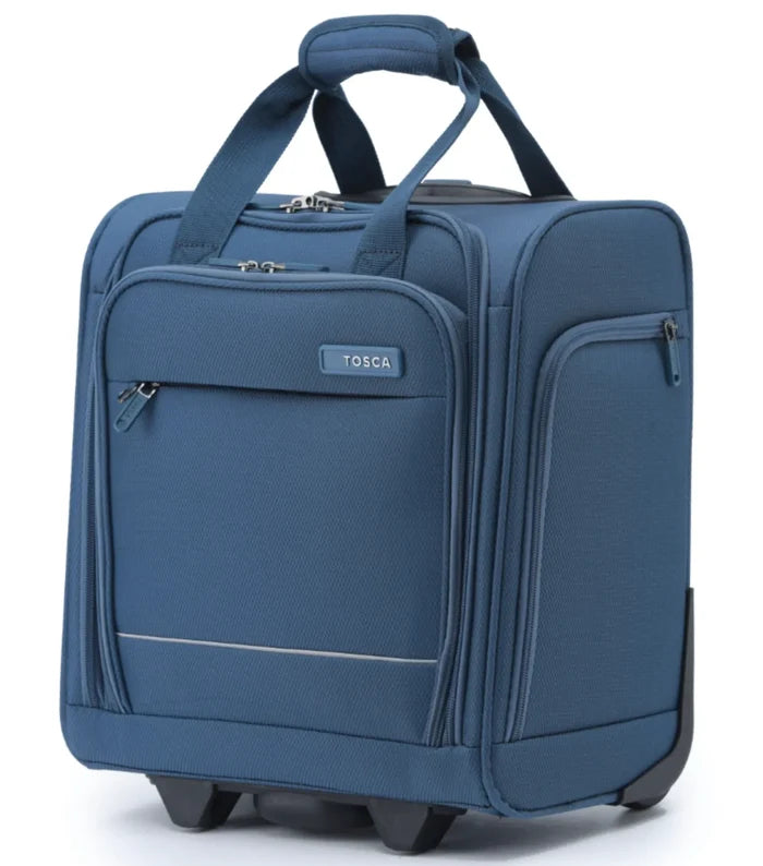 Blue tosca rolling seat bag with top handle multiple zippered compartments and padded laptop section for easy carry