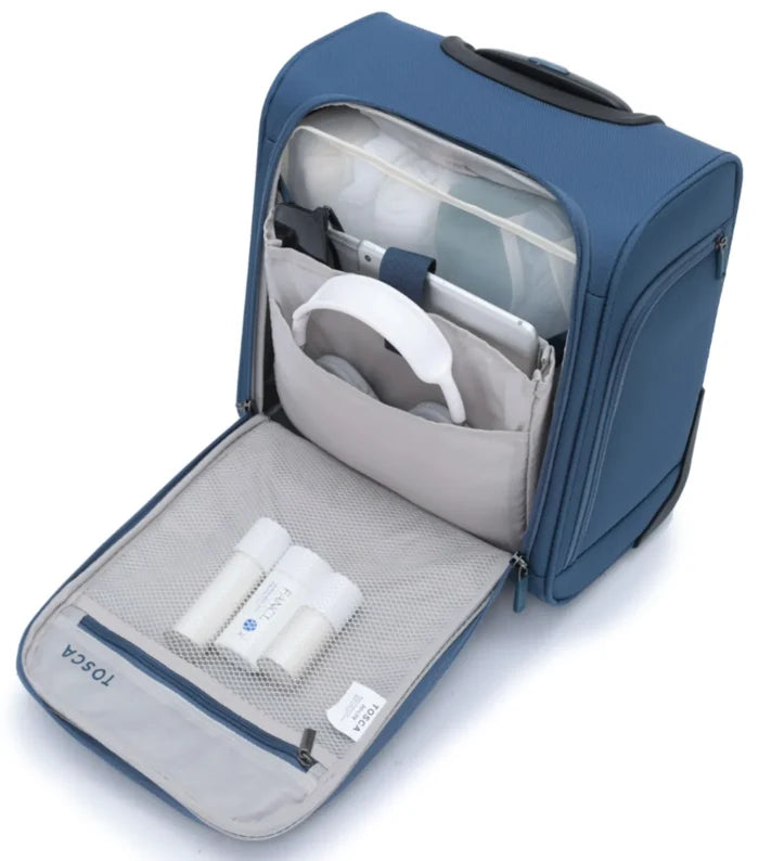 Blue tosca tosso lite onboard 2-wheel under seat bag with gray interior and padded laptop compartment seat carry