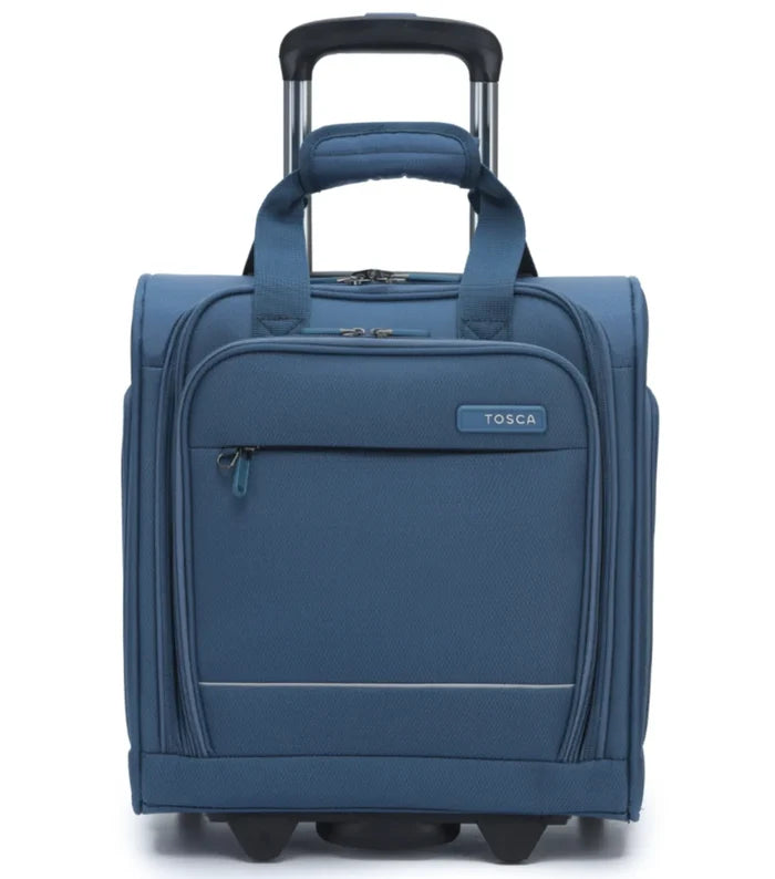 Blue tosca rolling carry-on seat bag with retractable handle front zippered pocket and padded laptop section