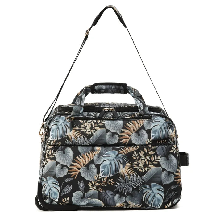 Black tosca onboard wheel bag with tropical leaf pattern in gray blue and beige for easy travel use