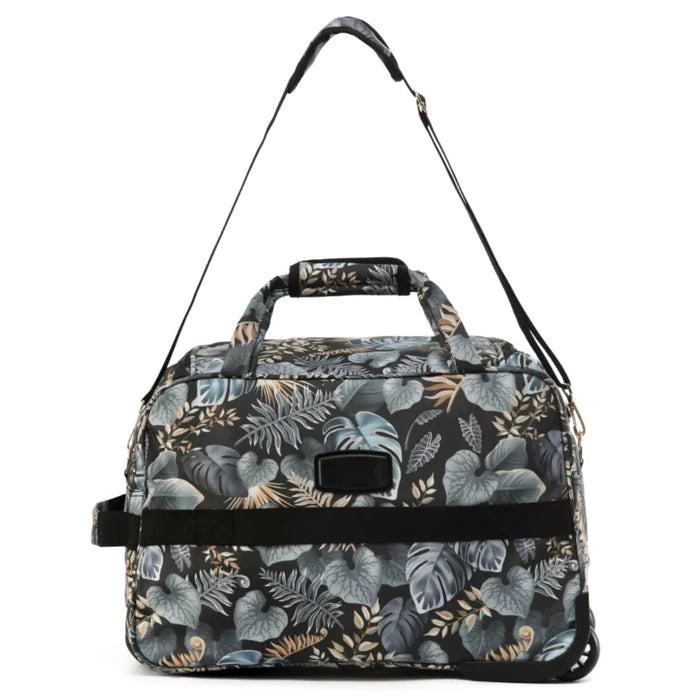 Black duffel onboard wheel bag with gray blue beige tropical leaf pattern from tosco so lite golden palm series