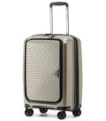 A sleek metallic taupe tosca space-x luggage case with geometric front panel black trim and middle zipper carry on suitcase