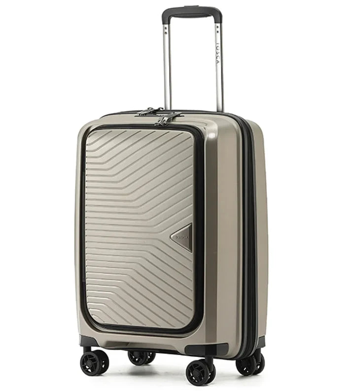 A sleek metallic taupe tosca space-x luggage case with geometric front panel black trim and middle zipper carry on suitcase