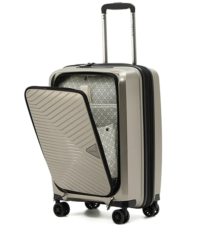 A sleek metallic silver tosca space-x luggage case with diagonal ribbed pattern and middle zipper trim
