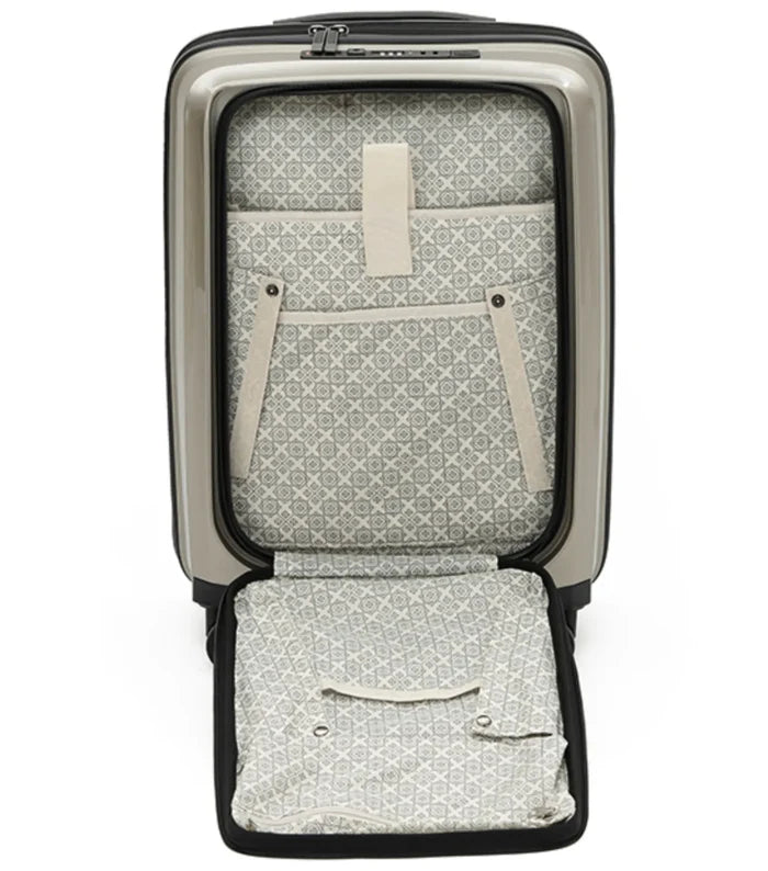 A sleek champagne tosca space-x luggage case with silver hard shell and middle zipper carry on suitcase
