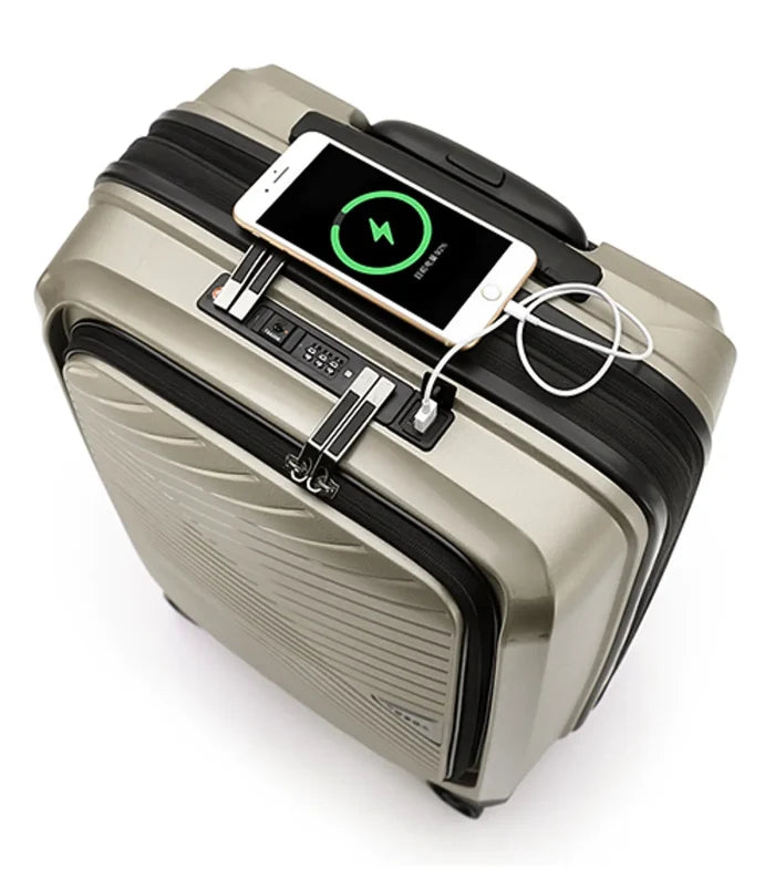 Silver tosca space-x 55 cm hard-shell luggage case with black trim middle zipper and built-in charging port powering iphone