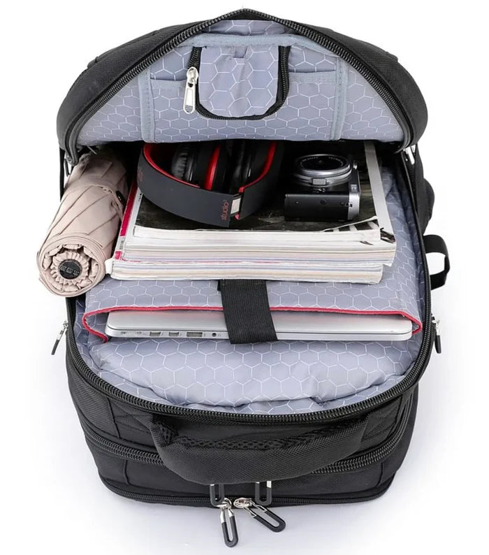 Tosca ultimate 15.4 laptop backpack in black with heavy duty 1680d material and gray hexagonal interior lining