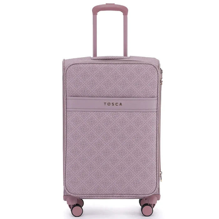 A soft lavender tosca willow 66 cm 4-wheel expandable suitcase with quilted pattern offers extra packing space