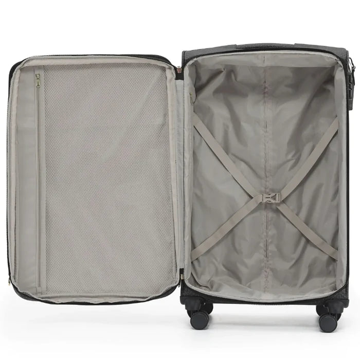 Black hard-shell tosca willow 77 cm 4-wheel expandable suitcase with mesh interior, adjustable straps, and attachable id tag