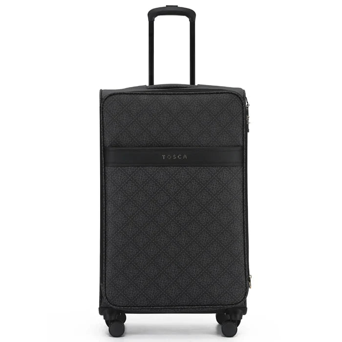 Black quilted tosca willow 77 cm expandable suitcase with subtle diamond pattern and attachable id tag for extra packing space
