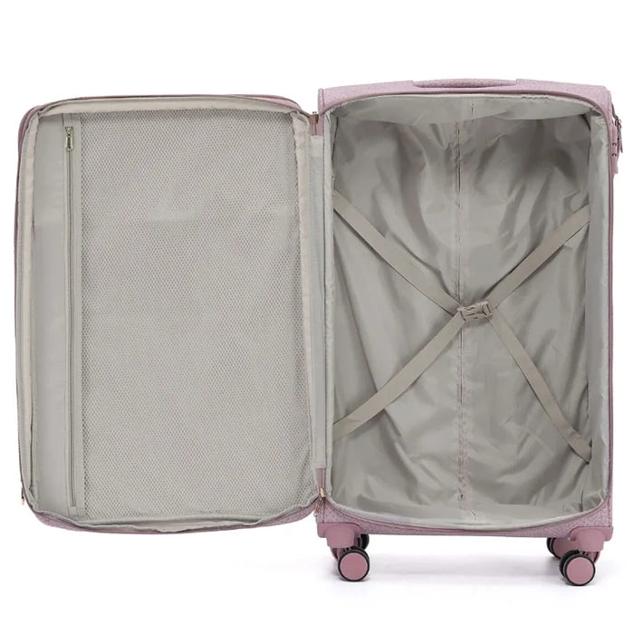 Pink tosca willow hard-shell suitcase with four wheels and mesh interior offers extra packing space