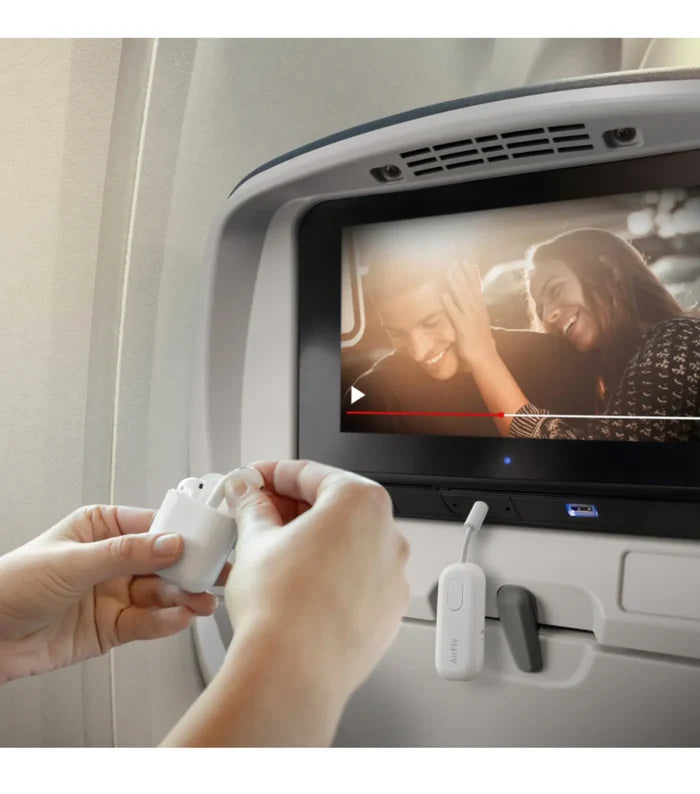 Plug this tiny transmitter into a headphone jack to listen to in-flight movies
