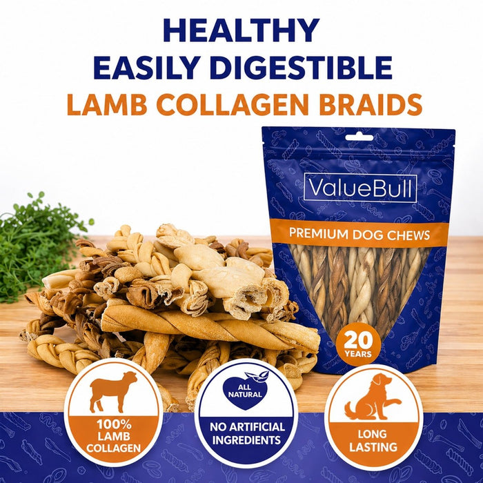 ValueBull Lamb Collagen Braids for Dogs, Varied Sizes & Shapes, 100 Count - Lamb - 100 Braids