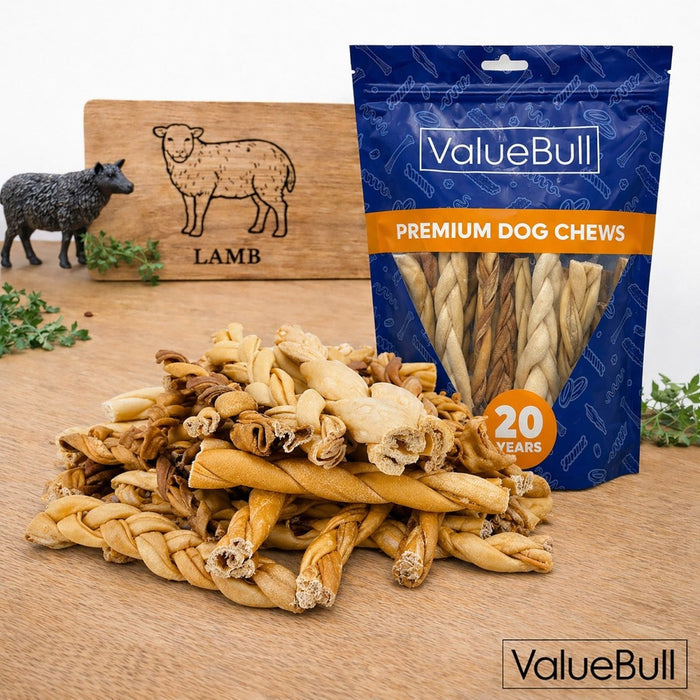 ValueBull Lamb Collagen Braids for Dogs, Varied Sizes & Shapes, 100 Count - Lamb - 100 Braids