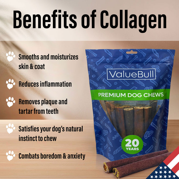 ValueBull USA Beef Collagen Sticks, 6 Inch Extra Thin Chews, 50 Count - Extra Thin - 50 Sticks