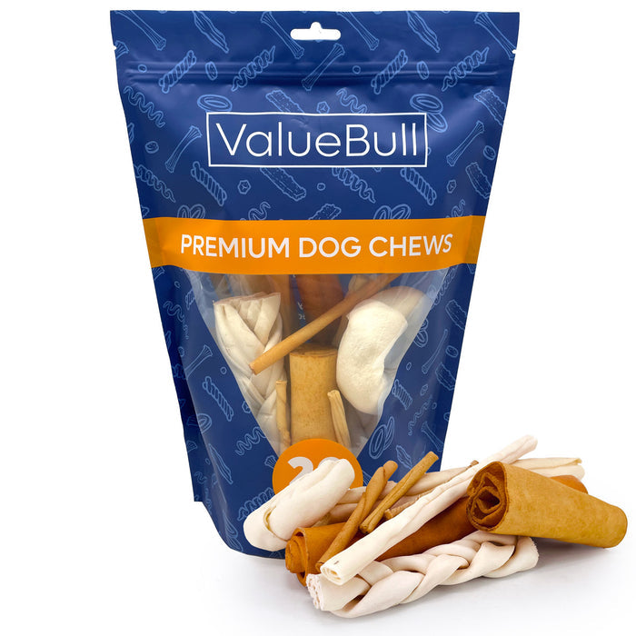 ValueBull USA Beef Rawhide, Varied Mix of Fun Shapes for Dogs, 1 Pound - Varied- 1 Pound
