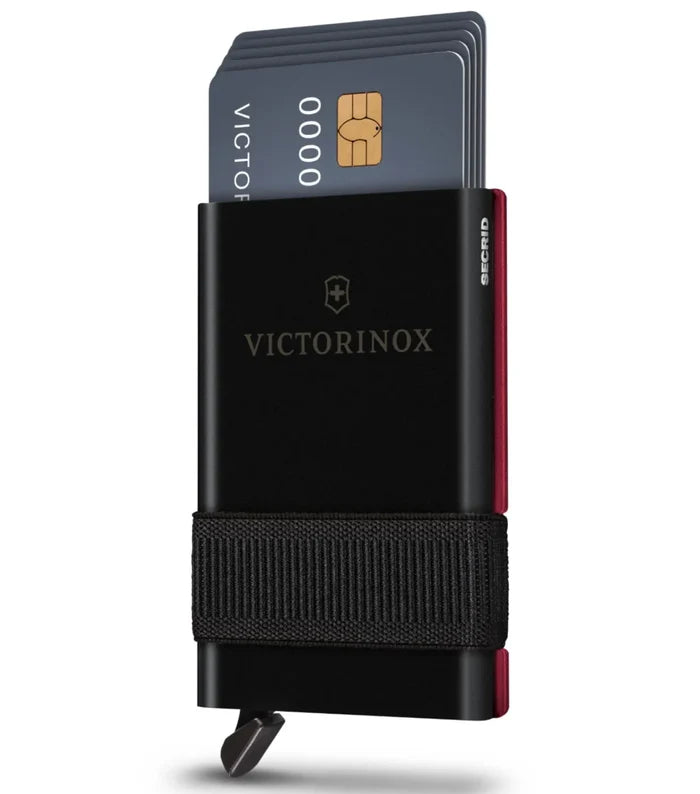 Stores up to six cards and has a unique patented mechanism to slide cards in and out